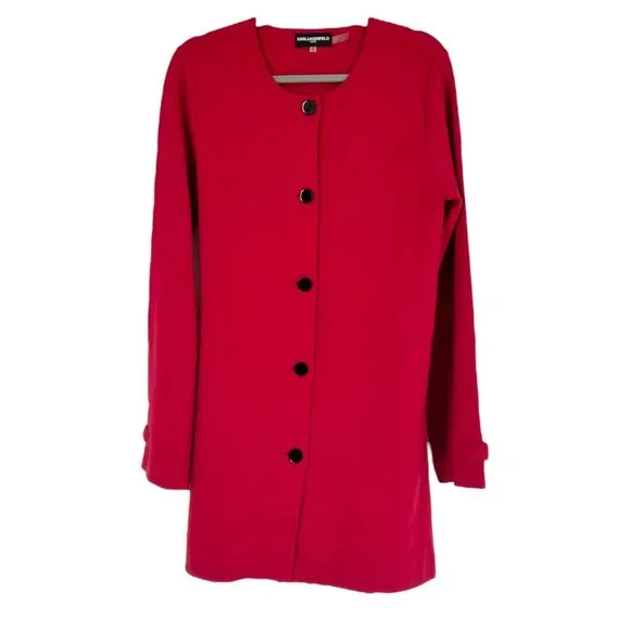 Karl Lagerfeld Red Bow Sleeve Button Down Sweater Jacket - Picture 1 of 6
